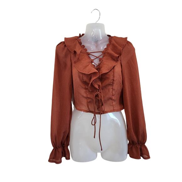 Milk & Honey Glitter Lace Up Ruffle Peasant Blouse Rust Red Side Zip Size Small - Picture 1 of 11